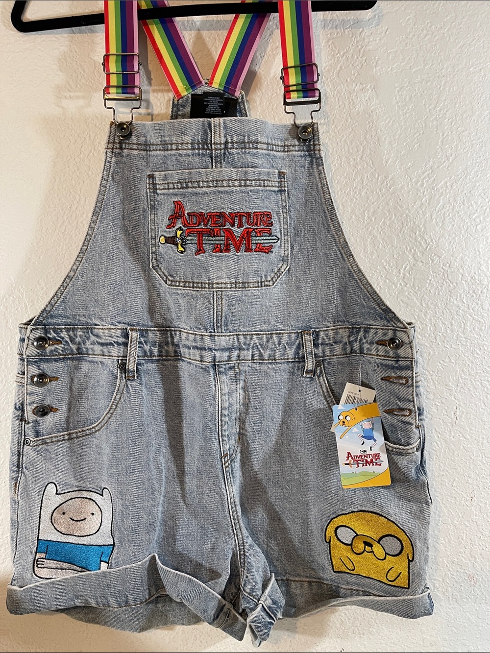 Adventure Time Rainbow Straps Denim Shortalls With Pockets Size XL NEW - Picture 4 of 14
